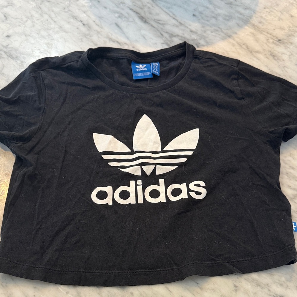 Adidas Black Cropped Tee with Blue Tag